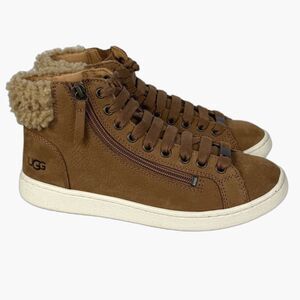 UGG Olive Womens 7.5 Brown Leather High Top Sneakers Shearling Lined Zip Lace